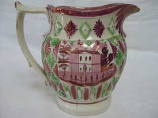 Embossed Pitcher,  Pink & Green Luster,  Mansion & Farmhouse/windmill Pattern photo