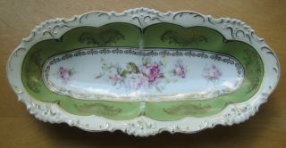 Antique Habsburg China Austria Celery Dish Serving Long Bowl Sea Foam Green Pink photo