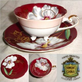 60yr Hp Trimont Occupied Japan Ruby Red & Gold Scallop Floral Cup & Saucer Vgc photo