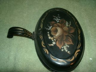 Oval Vintage Black Hand Painted Tole Ware Silent Butler Crumb Catcher Tray photo