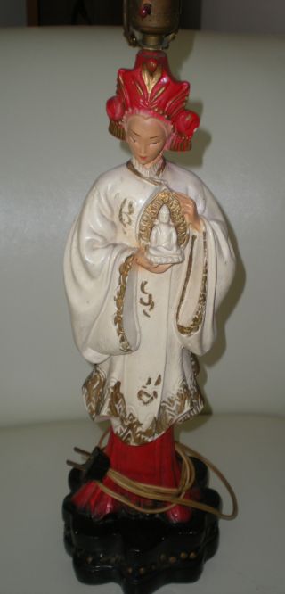Antique Chalk Asian Lady God Figurine Statue Lamp Art Deco Red Finial Black photo