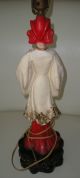 Antique Chalk Asian Lady God Figurine Statue Lamp Art Deco Red Finial Black Lamps photo 4