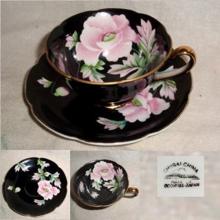 60yr Chugai China Occupied Japan Black With Pink Floral Cup & Saucer No Damage photo