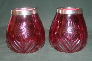 Pair Of 1910 Cranberry Cut Glass Vases With Sterling Rims photo