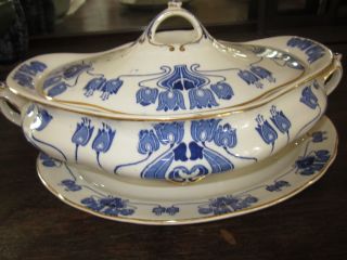 Antique Art Nouveau Tureen Lid Platter Penrose Keeling & Co.  England Blue White photo