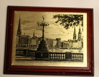 Hamburg,  City Center View,  Engraved Brass Plaque On Wood photo
