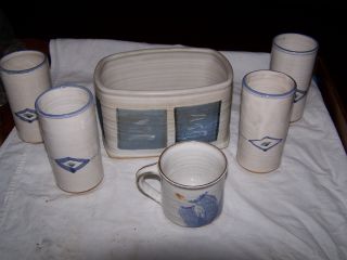 Stonware Planter Cup And 4 Glasses,  Signed On Bottom Of All Pieces photo