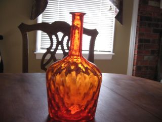 Gorgeous Retro Modern Deep Orange Hand Blown Glass Decanter Vase. photo