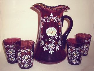 , Antique,  Amethyst Glass Pitcher And Four Tumblers photo