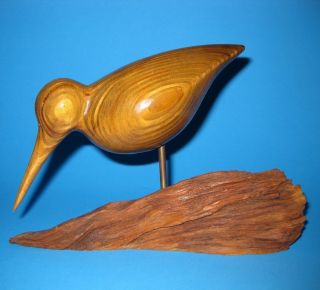 Hand Crafted Striped Wood Carved Sand Pipper Bird Sculpture Eames Jere Mcm Era photo