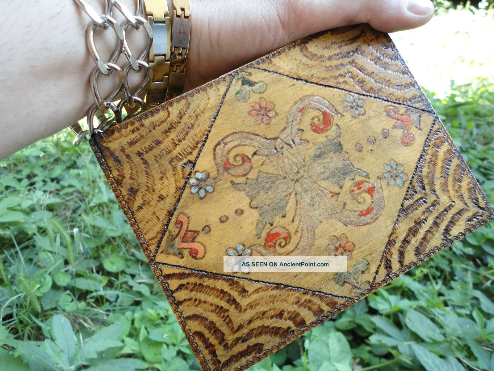 Antique Rare Wooden Jewelry Box Handmade Hand Painted Pokerwork Art 19th Century Boxes photo