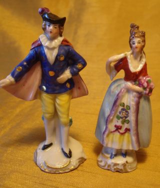 Antique Pair Hand Painted German Miniature Figurines 18th C.  Costume Couple 3.  5 