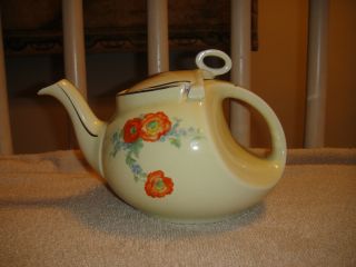 Vintage Hall ' S Kitchenware Streamline Teapot - Orange Rose Or Carnation Design - Wow photo