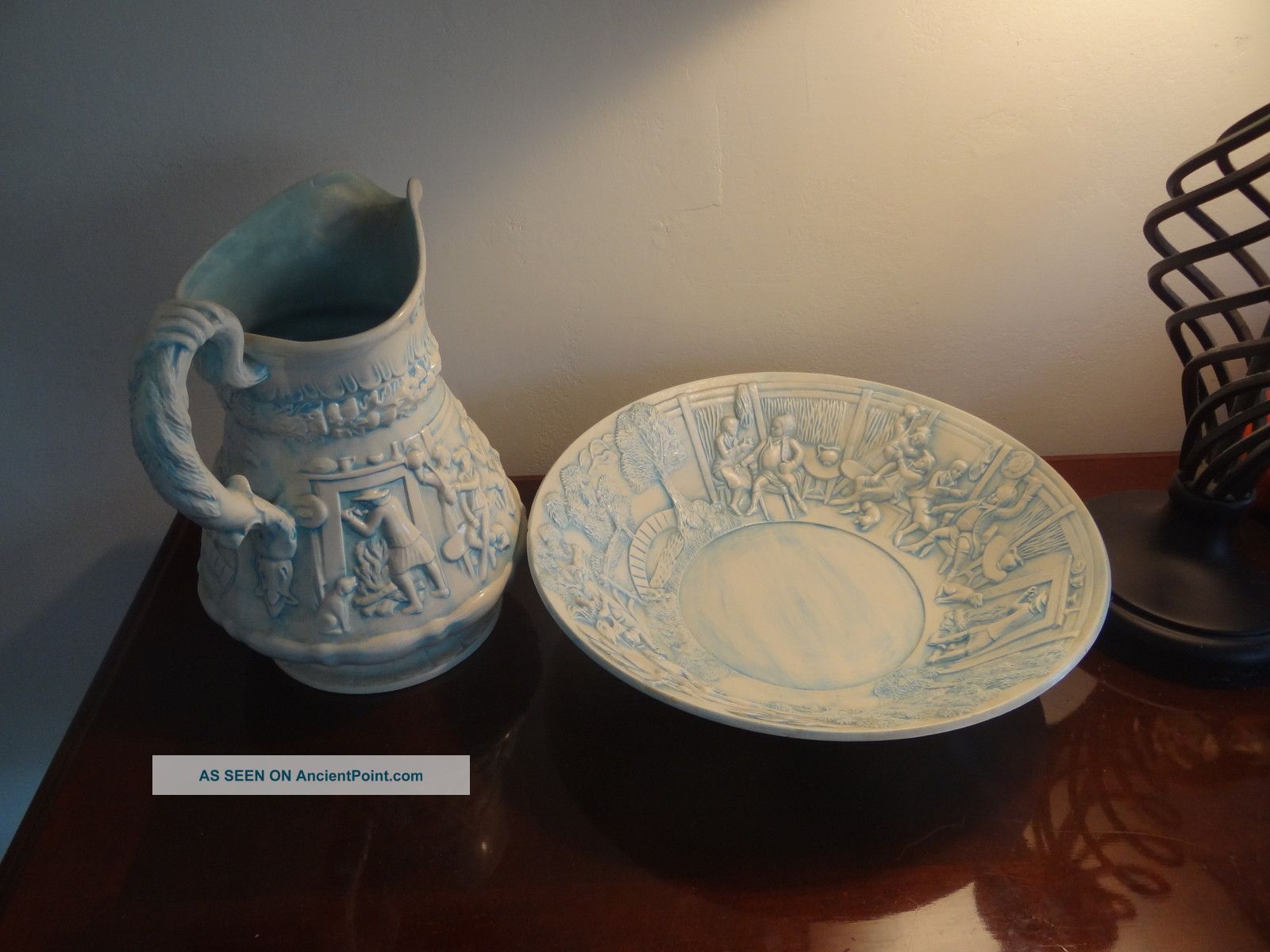 Pitcher & Basin,  Old,  White And Blue.  Ceramic. Bowls photo