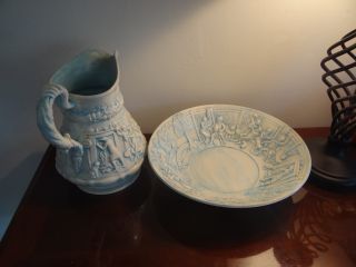 Pitcher & Basin,  Old,  White And Blue.  Ceramic. photo