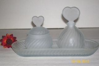 Vintage 3 - Piece W/lids Frosted Glass Vanity Set Perfume Bottle/cosmetic Jar/tray photo