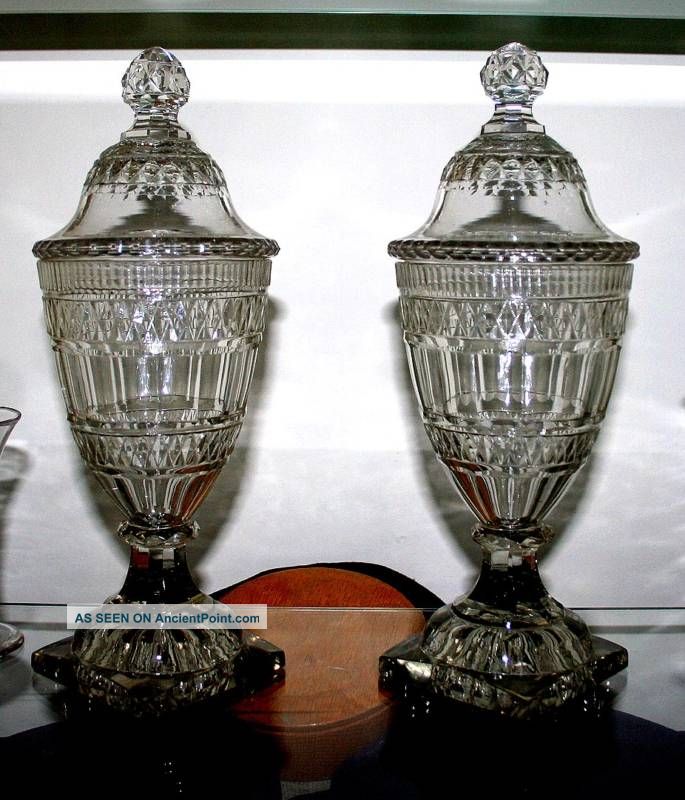 Pair Fabulous 18thc Cut Glass Urns Amer - Made Irish Cut Vases photo