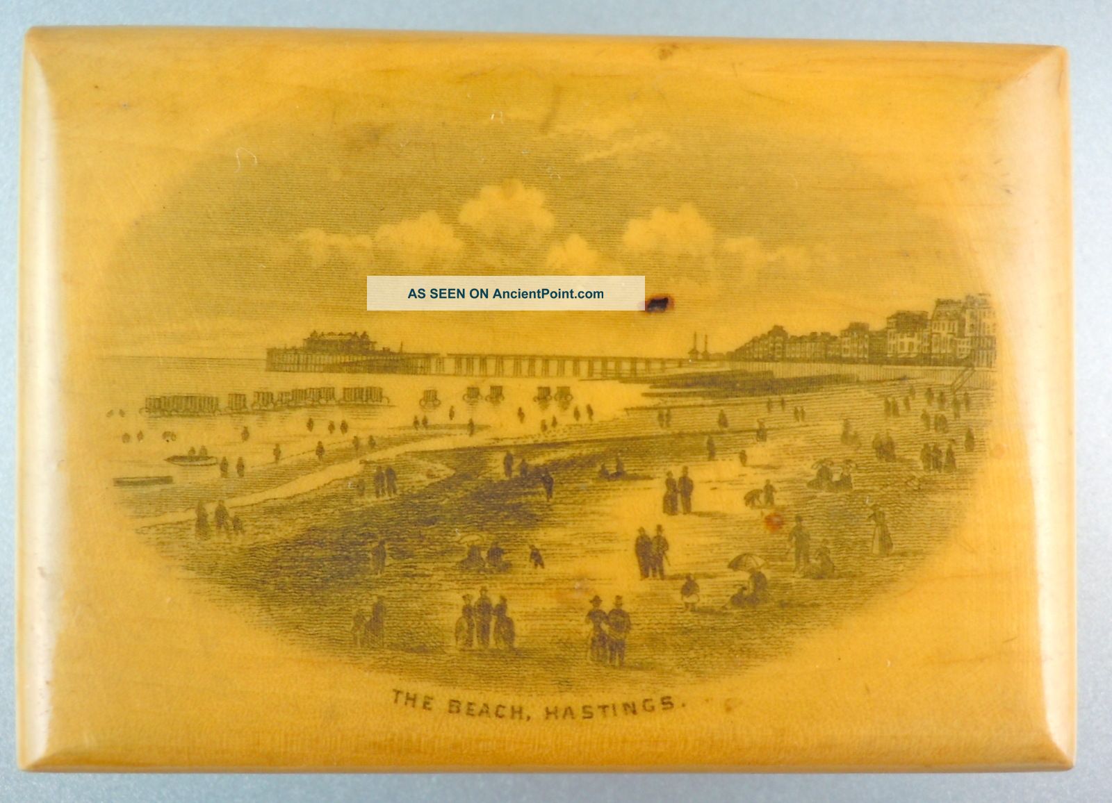 Antique Mauchline Ware Treen Trinket Jewelry Box The Beach In Hastings England Boxes photo
