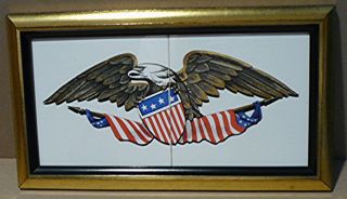 Vintage American Bald Eagle W/ Us Flag Painted On Porcelain Tiles.  13 1/2 X 7 1/2 photo