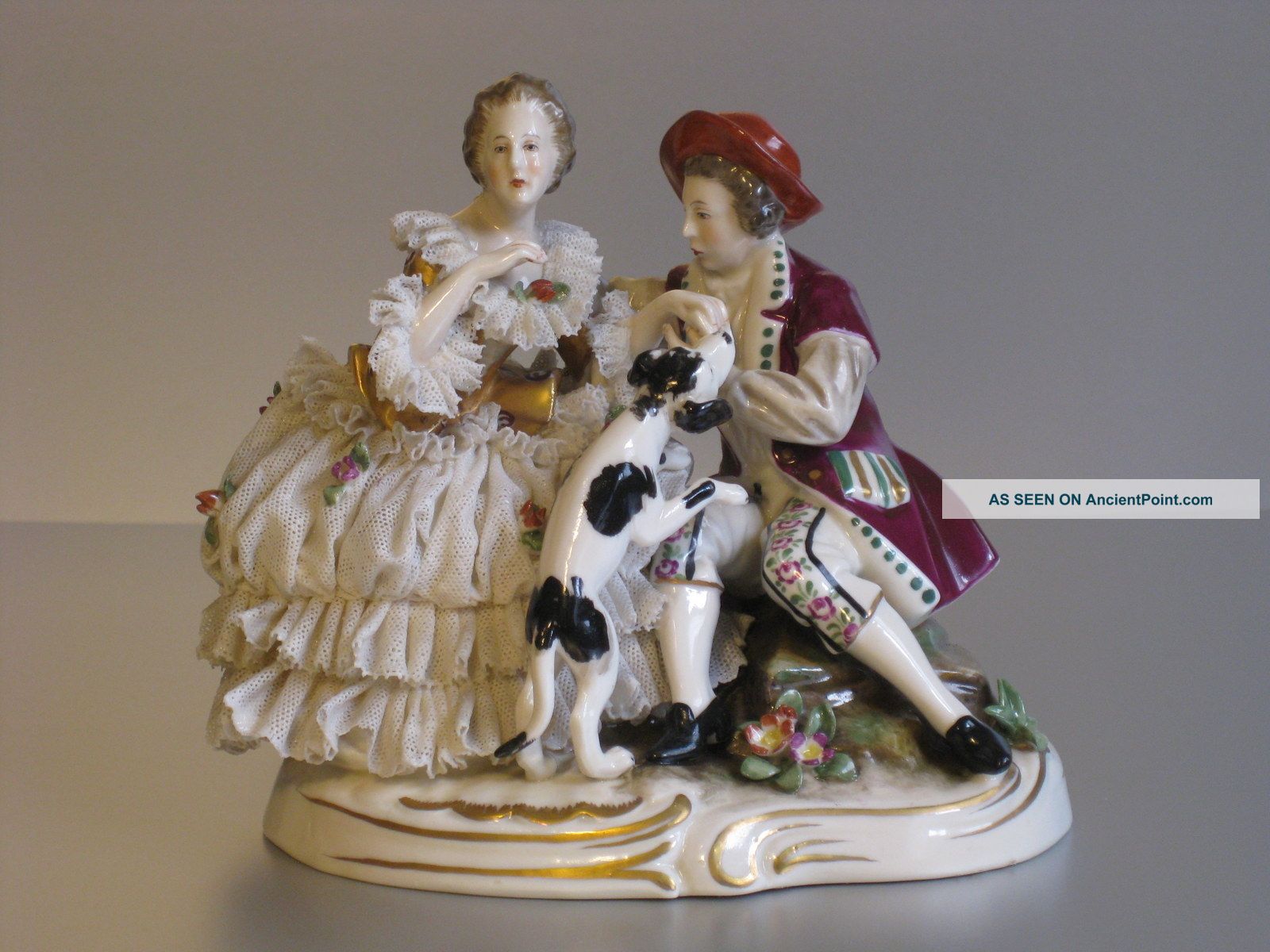 German Dresden Volkstedt Romantic Couple With Dog Porcelain Lace Figure Figurine Figurines photo