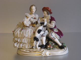 German Dresden Volkstedt Romantic Couple With Dog Porcelain Lace Figure Figurine photo