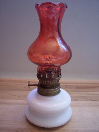 Vintage Milk Glass Base & Ruby Flash Fluted Chimney Miniature Oil Lamp Hong Kong photo