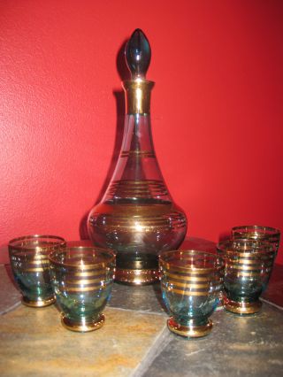 Blue Antique Decanter With 5 Glasses photo