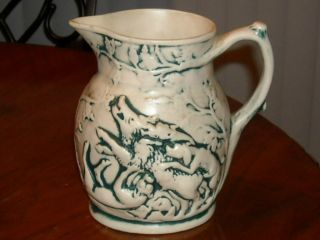 Gorgeous Antique Wild Boar Dogs & Deer Hunt Hunting Scenes Soft Paste Pitcher photo