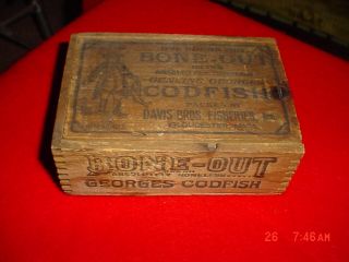 Primitive Rustic Antique Dovetailed Wood Box George’s Codfish Advertising photo