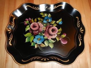 Vintage E.  T.  Nash Co Large Metal Tole Tray Serving Black With Flowers photo