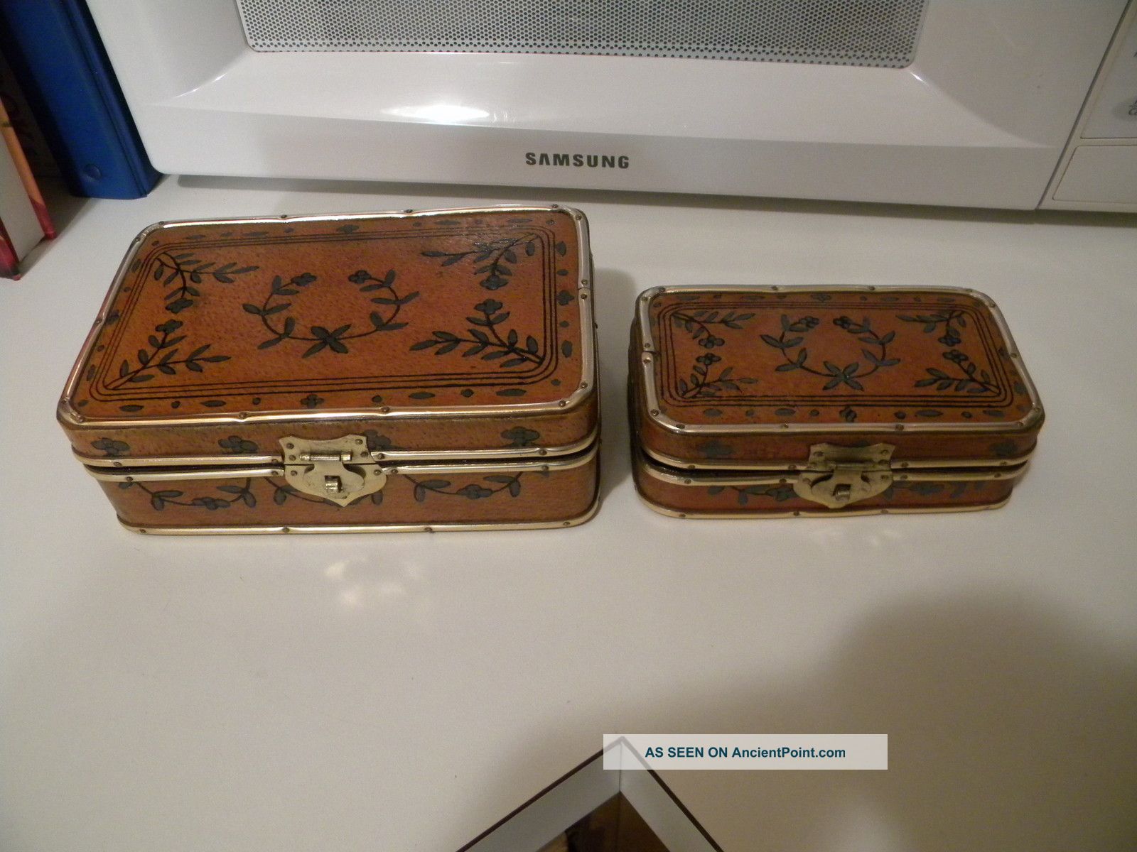 2 Vintage Leather Covered Boxes Boxes photo