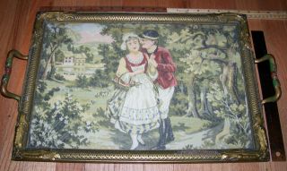 Vtg 20 ' S Tapestry Vanity Framed Chic Tray Shabby Paris French Romantic Couple photo