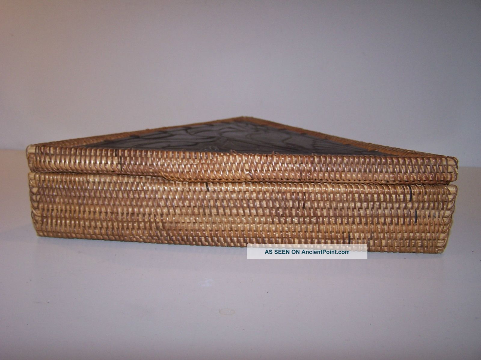 Handcrafted Rattan & Dark Hardwood Triangle Storage Box In Boxes photo