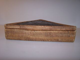 Handcrafted Rattan & Dark Hardwood Triangle Storage Box In photo