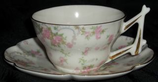 Vintage Porcelain China Leneige Demitasse Cup & Saucer Pink Roses Gold Trim photo