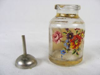 Antique Aida Hand Painted Glass Perfume Bottle With Metal Funnel From France photo