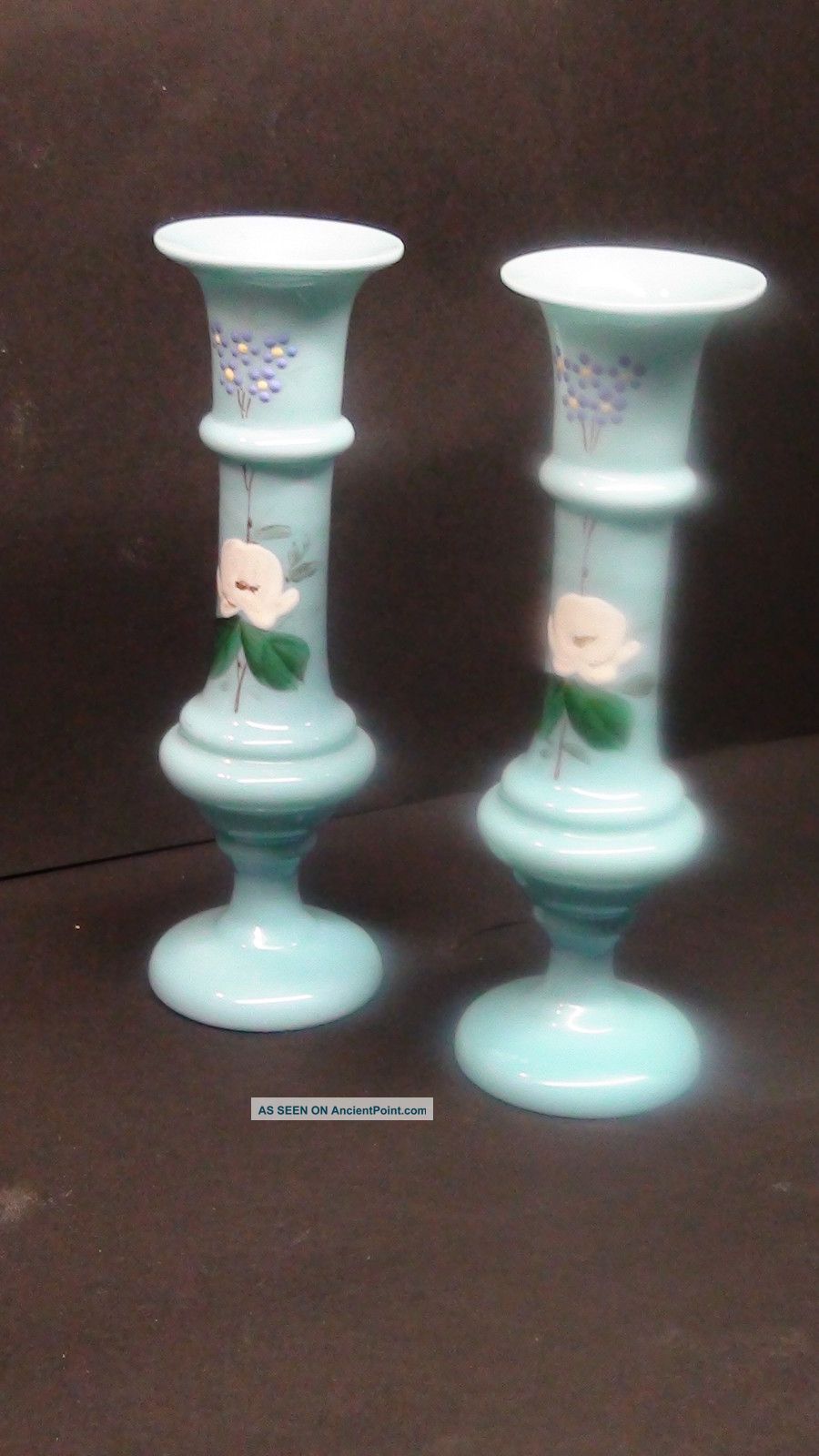 Antique Hand Molded And Painted Light Blue Candle Holders Vases photo