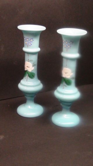 Antique Hand Molded And Painted Light Blue Candle Holders photo