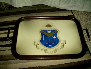 Very Rare Glass & Wood Serving Tray Dated 1891 Masonic Type Watercolor On Paper photo