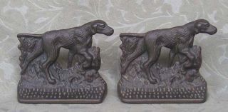2 Antique Solid Cast Iron Bronze Figural Hunting Dog Bookends Doorstopper photo