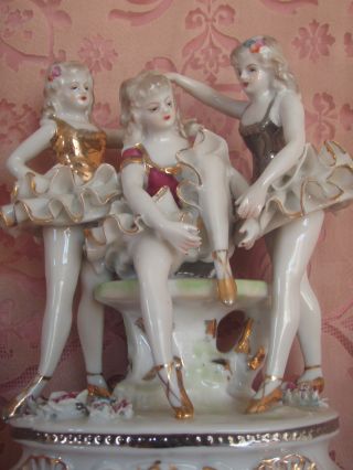 Antique Porcelain Figurine 3 Girl Dancer Hand Made Painted,  Cross Swords Germany photo