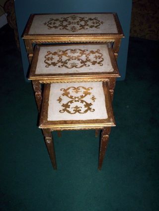 Vintage Florentine Toleware Wooden Nesting Tables Set 3 Ornate White Gold Italy photo
