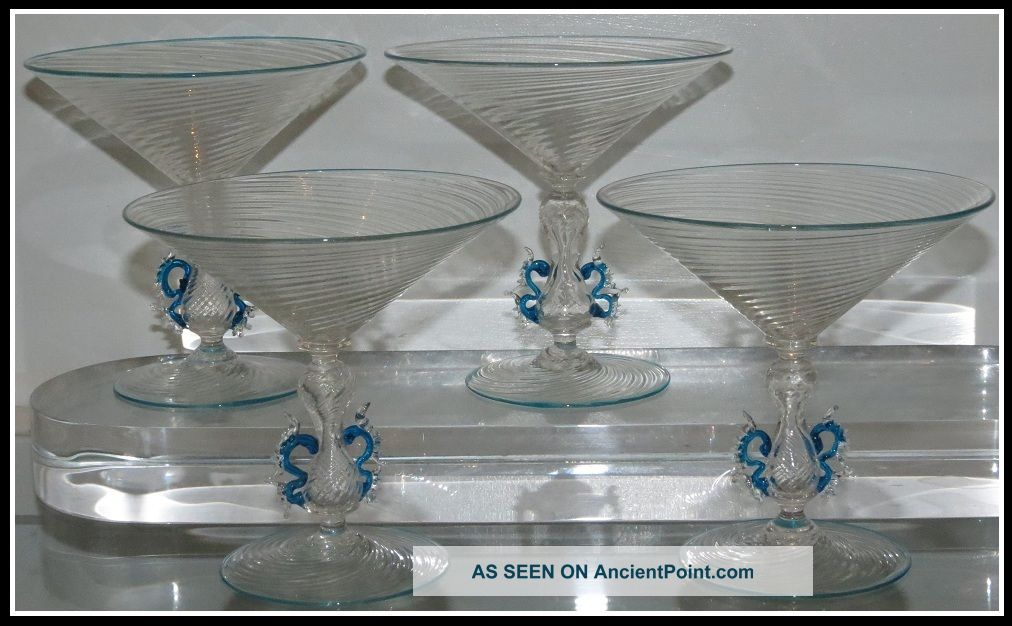 Unusual Set Of 4 Antique Blue & Crystal Venetian Glass Martini Cocktail Stems Nr Stemware photo