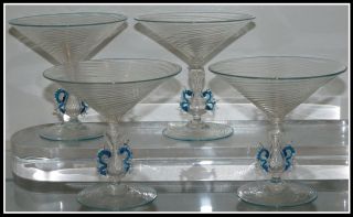 Unusual Set Of 4 Antique Blue & Crystal Venetian Glass Martini Cocktail Stems Nr photo
