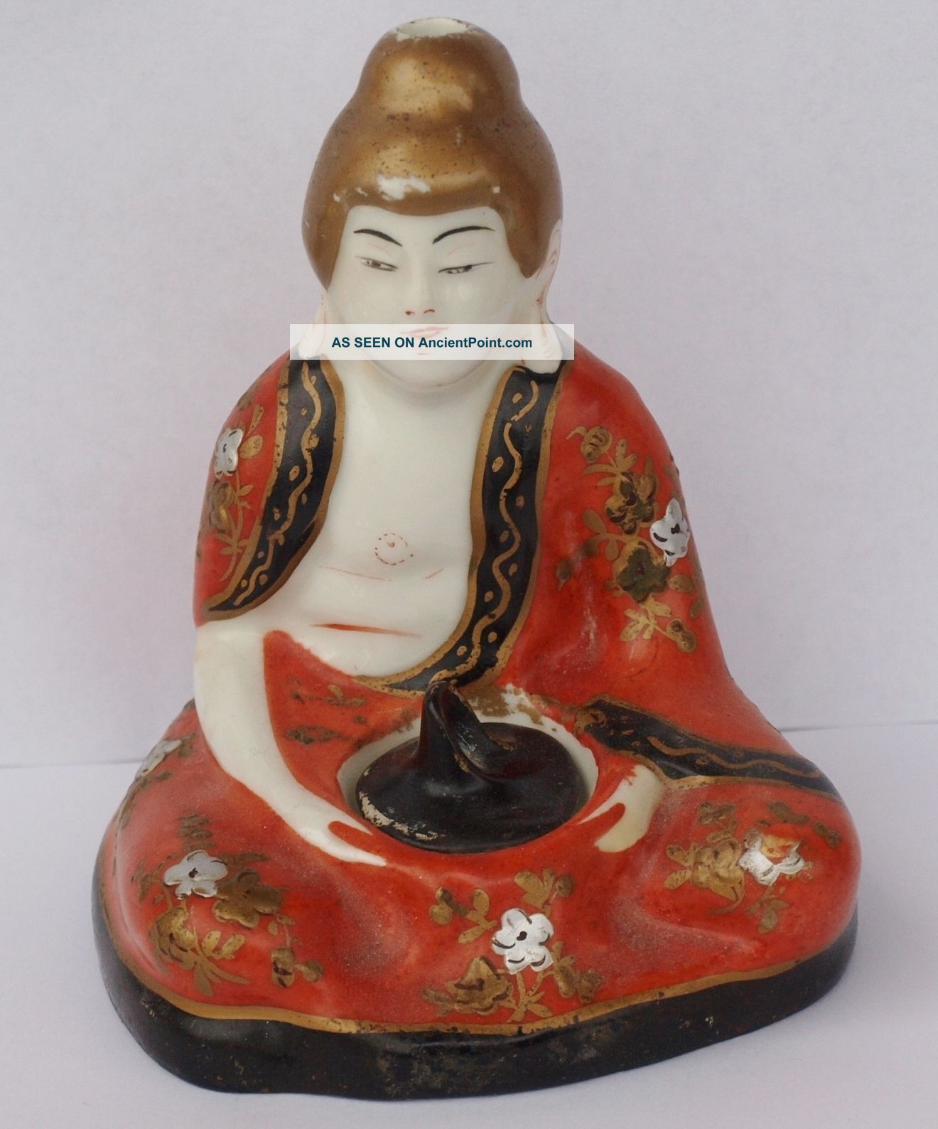 Rare Antique French Limoges Porcelain Inkwell Japanese Man Figurine,  Signed Figurines photo