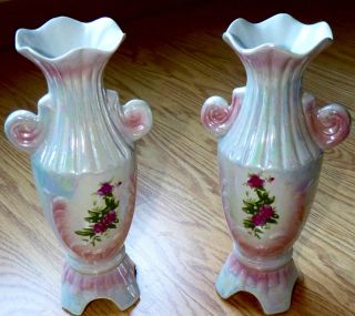 Antique Pink With Red Roses Victorian Vases - Set Of 2 - Opalescent Pearl Finish photo