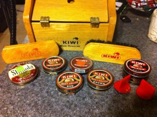 Vintage Kiwi Oak Shoe Groomer Shoeshine Box With Brush & Vtg.  33 Cent Tin photo