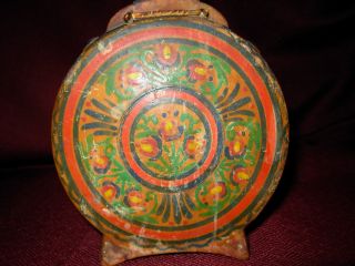 Old Antique Folk Art Painted Hand Made Wood Wine Flask Jug Wooden photo