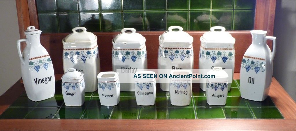 Cream/blue Arts & Crafts Grapevine German Canisters 