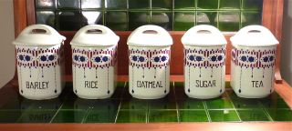 Czechslovakian White Blue Red Arts & Crafts Canisters 